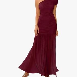 Elegant One-Shoulder Wine Red Dress